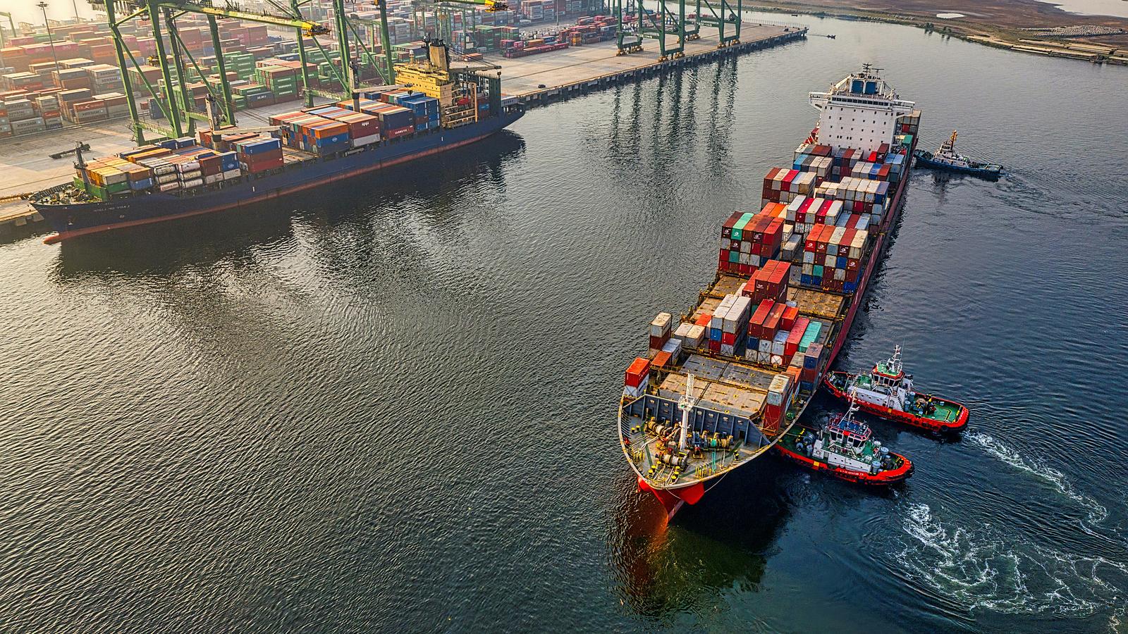 Fully laden container ship under way at sea